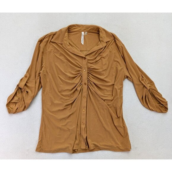 NY Collection Woen's Top Size 2X Gold 3/4 Sleeve Stretch Knit Button-Up - Picture 2 of 13